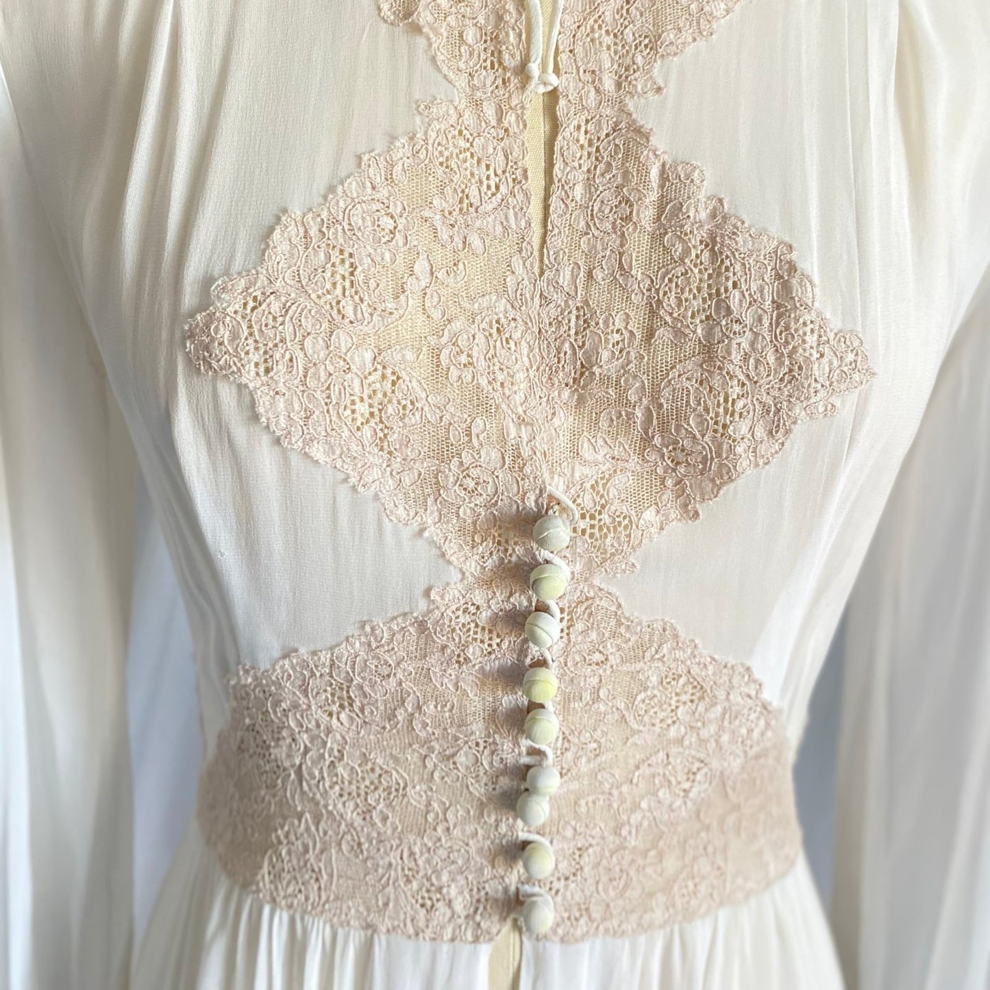 Vintage 1940's Dressing Gown Robe | Sheer White Rayon Chiffon with Warm Nude Cotton Lace | Size XS, S - Daggers & Dames