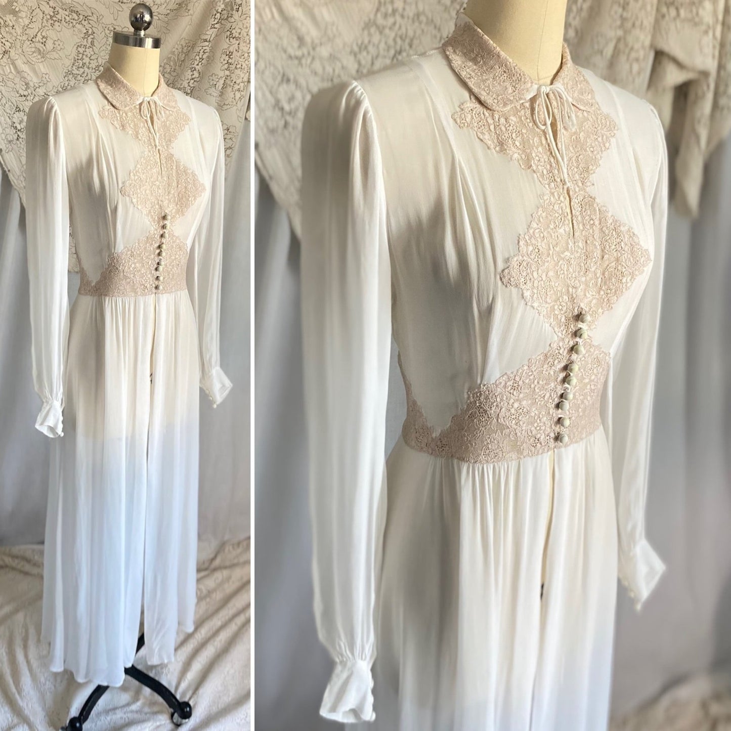 Vintage 1940's Dressing Gown Robe | Sheer White Rayon Chiffon with Warm Nude Cotton Lace | Size XS, S - Daggers & Dames