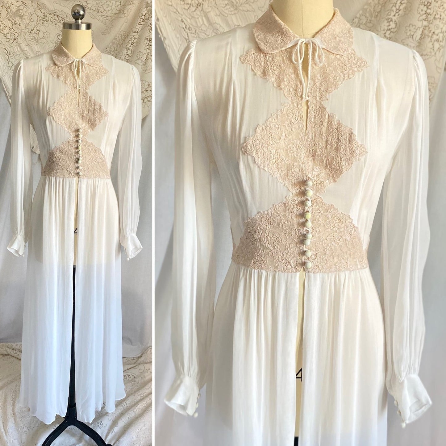 Vintage 1940's Dressing Gown Robe | Sheer White Rayon Chiffon with Warm Nude Cotton Lace | Size XS, S - Daggers & Dames