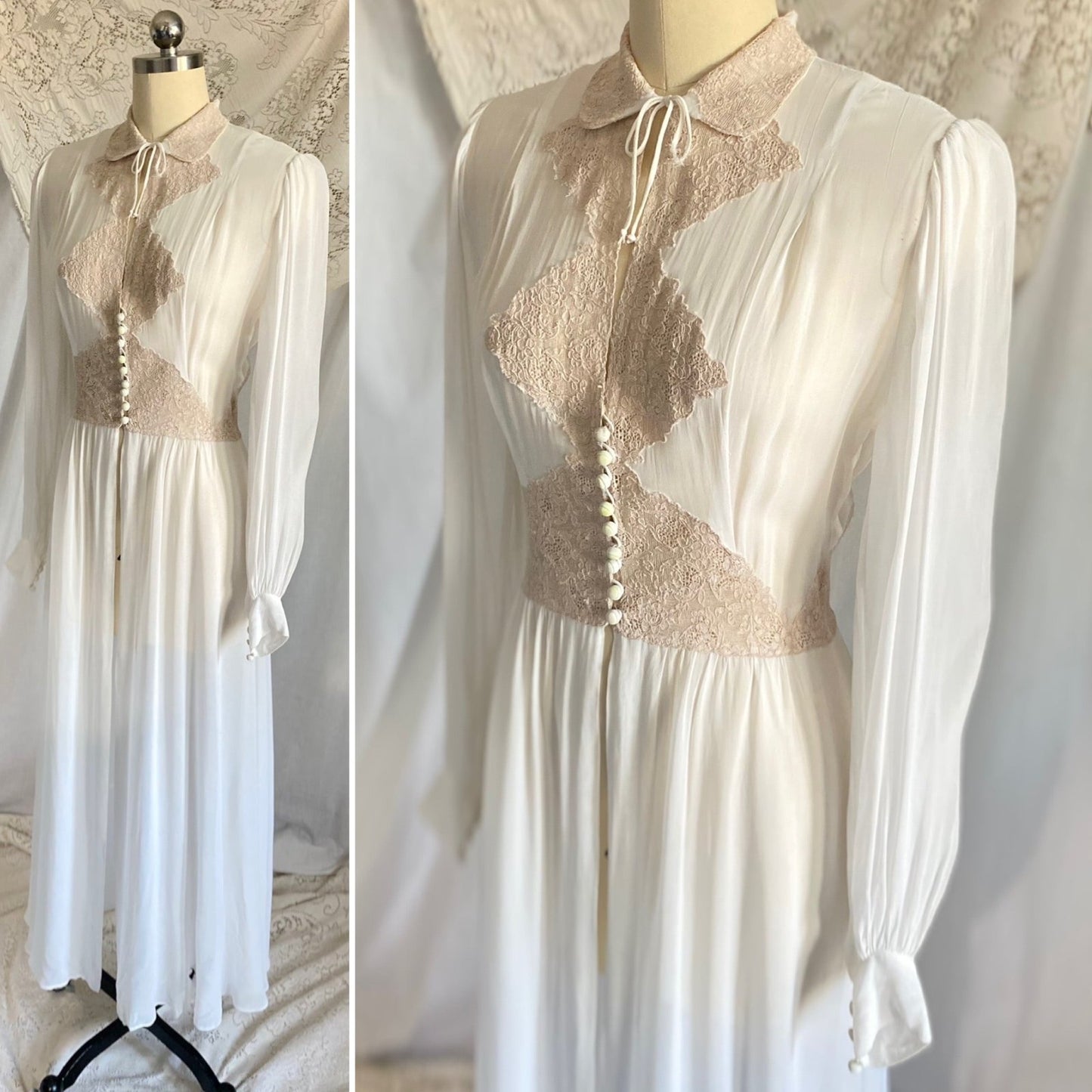 Vintage 1940's Dressing Gown Robe | Sheer White Rayon Chiffon with Warm Nude Cotton Lace | Size XS, S - Daggers & Dames