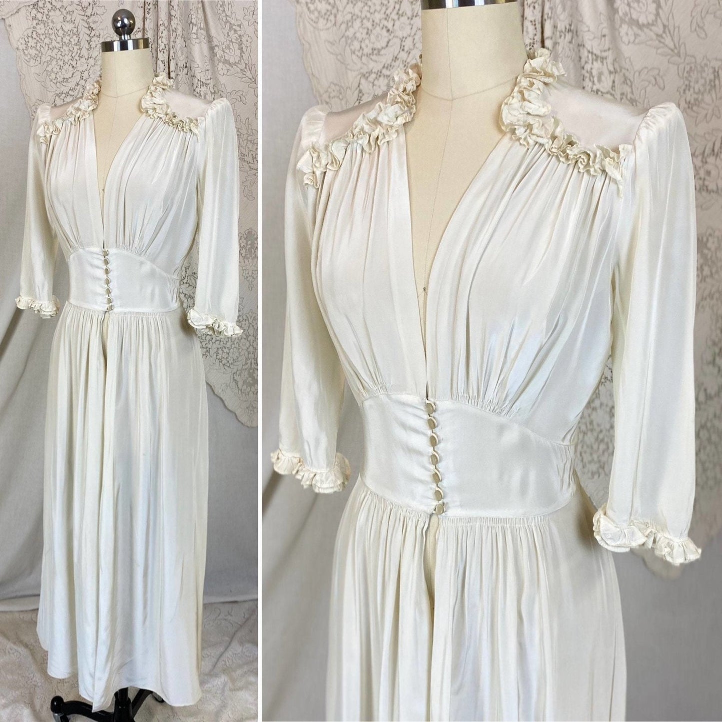 Vintage 1940's Dressing Gown Robe | Silky White Rayon with Ruffles | Size XS | Flobert - Daggers & Dames