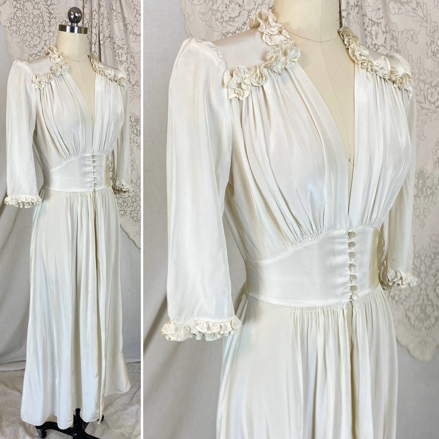 Vintage 1940's Dressing Gown Robe | Silky White Rayon with Ruffles | Size XS | Flobert - Daggers & Dames