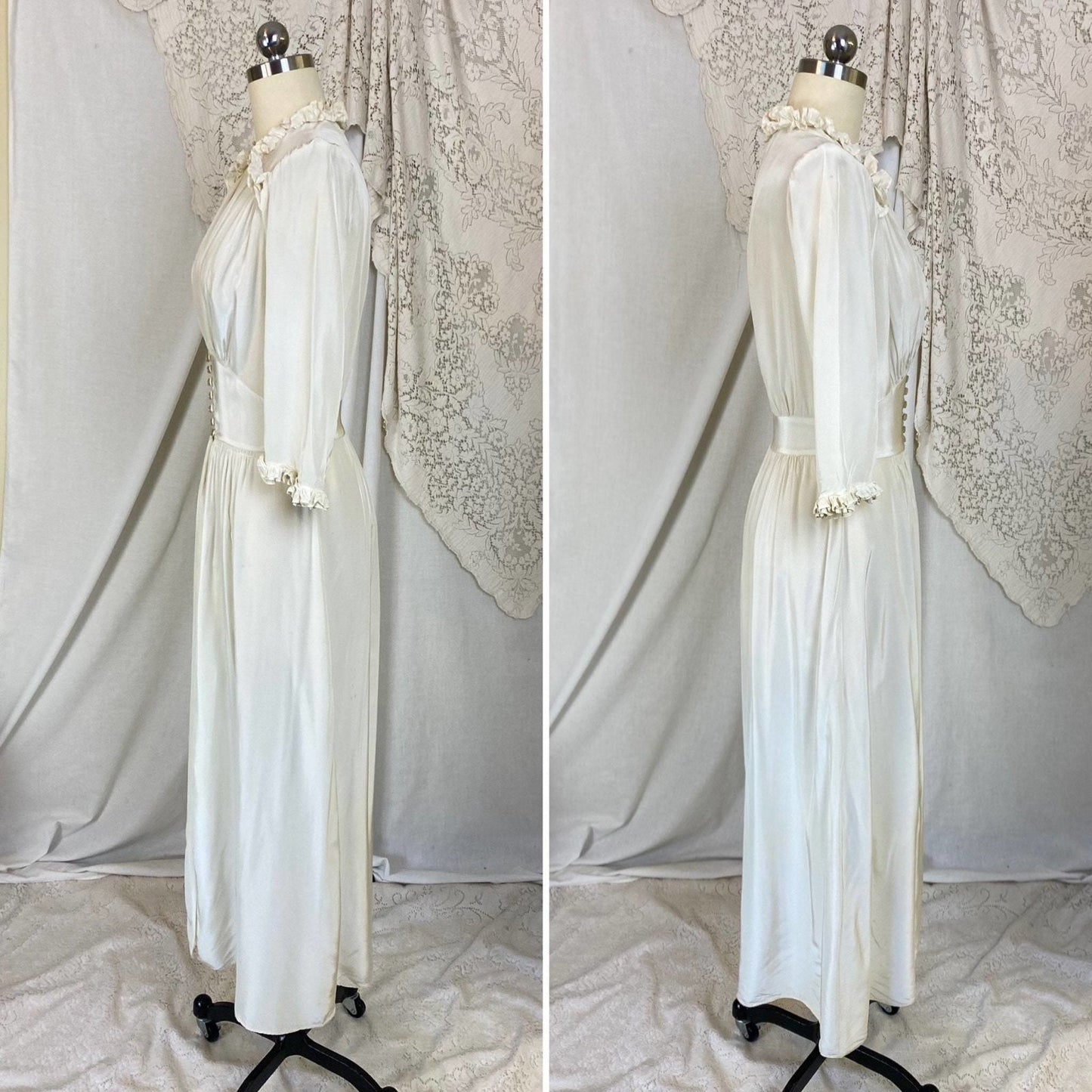Vintage 1940's Dressing Gown Robe | Silky White Rayon with Ruffles | Size XS | Flobert - Daggers & Dames