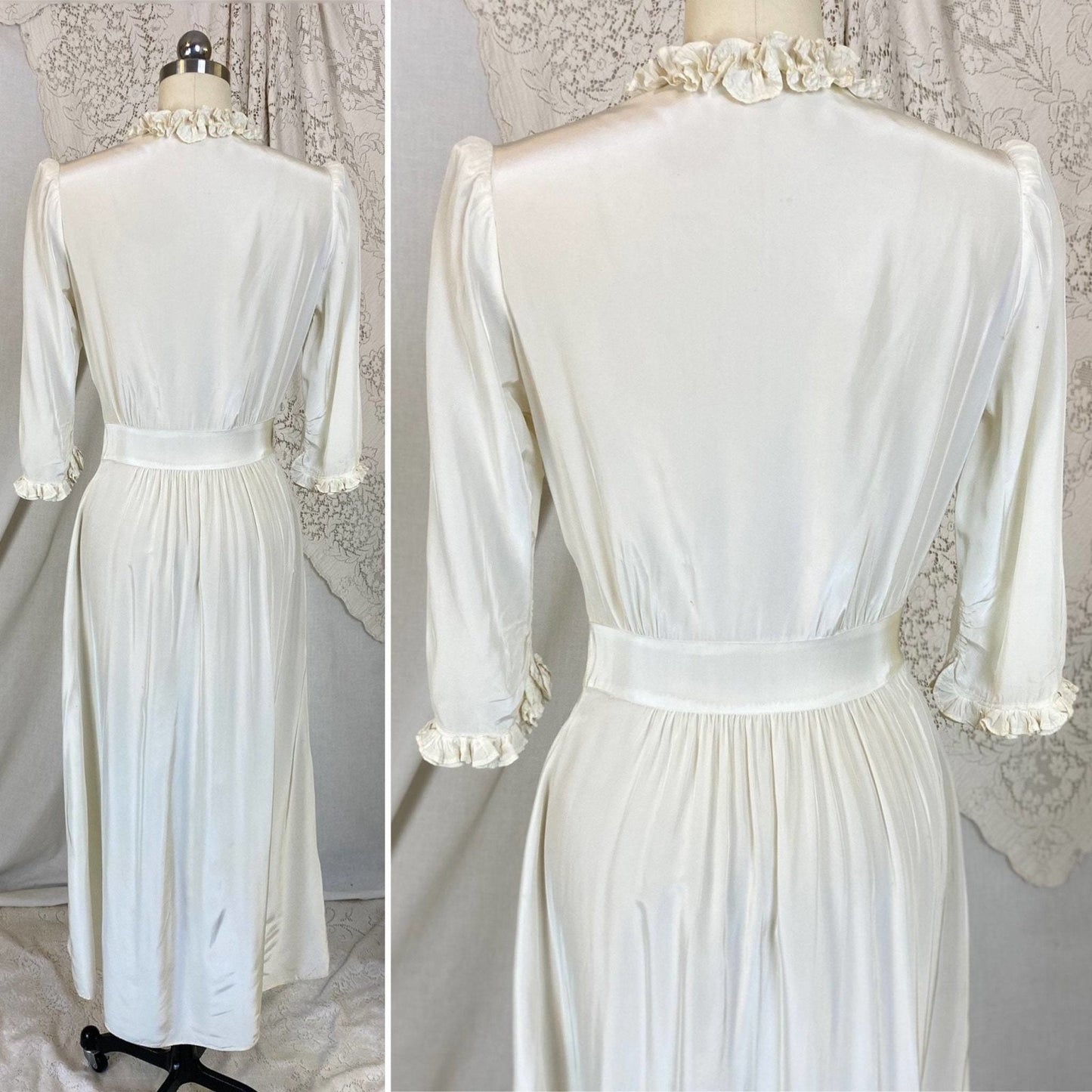 Vintage 1940's Dressing Gown Robe | Silky White Rayon with Ruffles | Size XS | Flobert - Daggers & Dames