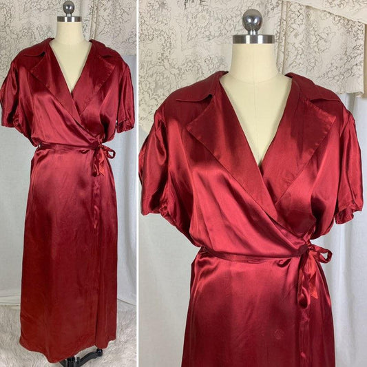 Vintage 1940's Dressing Gown Robe | Size LG, XLG | Ruby Red Rayon Satin | Never Worn - Daggers & Dames