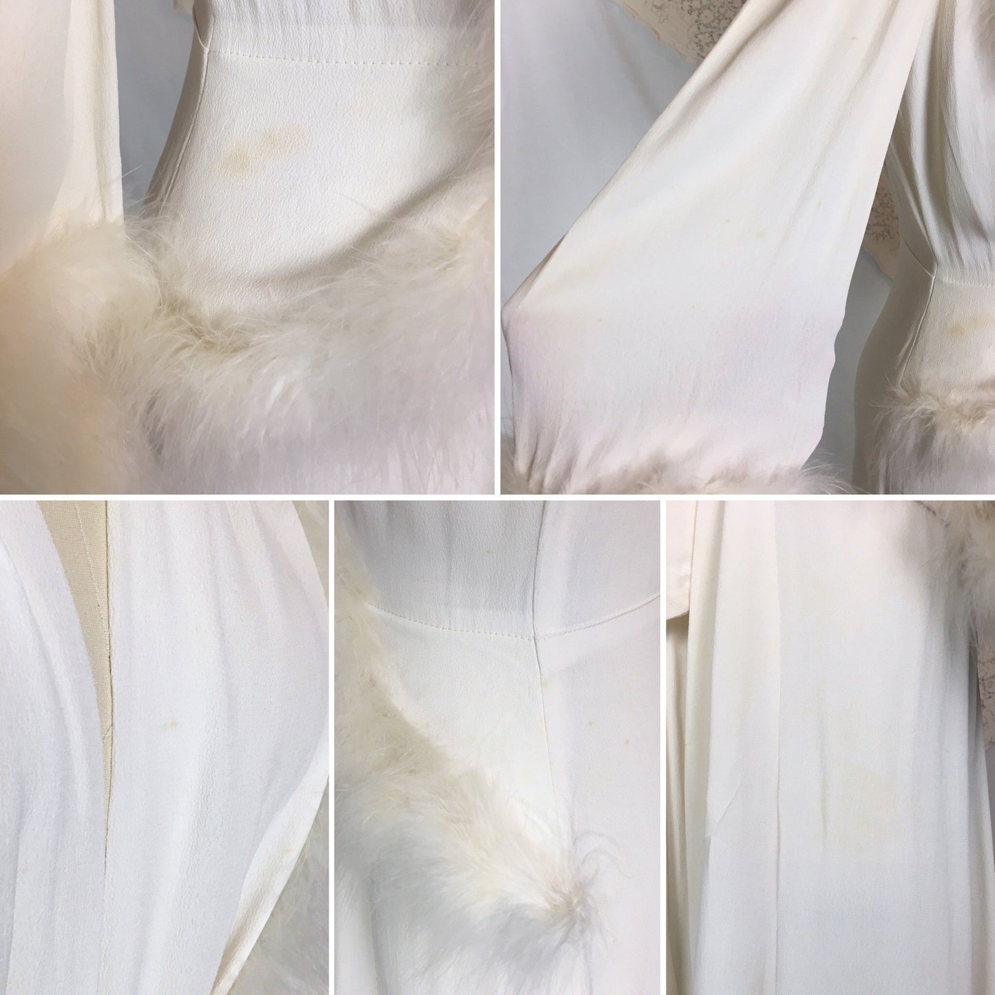 Vintage 1940's Dressing Gown Robe | White Rayon Crepe with Marabou Feathers | Size XS, S - Daggers & Dames