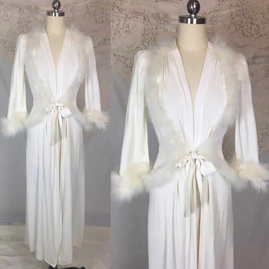Vintage 1940's Dressing Gown Robe | White Rayon Crepe with Marabou Feathers | Size XS, S - Daggers & Dames
