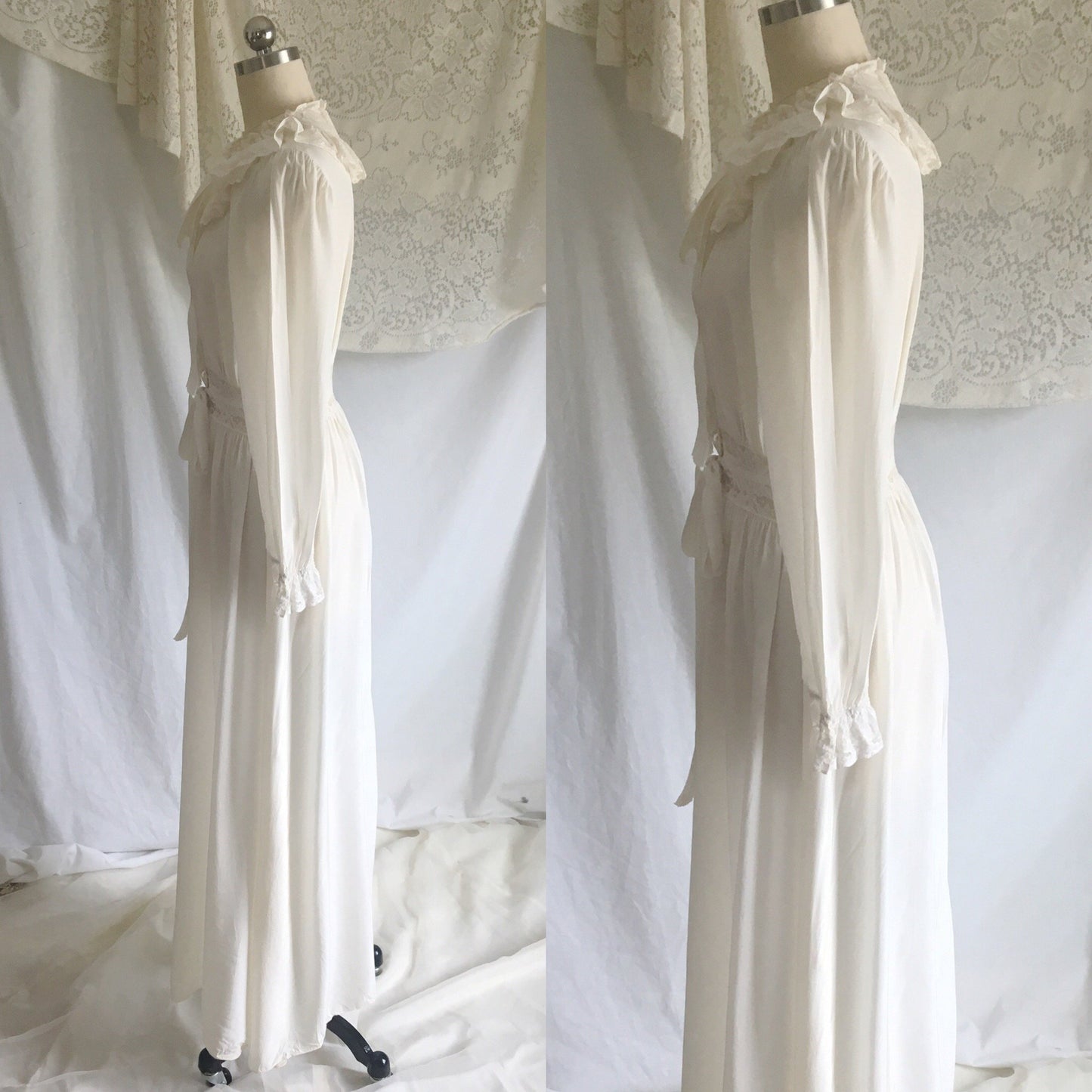 Vintage 1940's Dressing Gown Robe | White Rayon with Lace & Ruffles | Radcliffe Lingerie | Size XS, S - Daggers & Dames