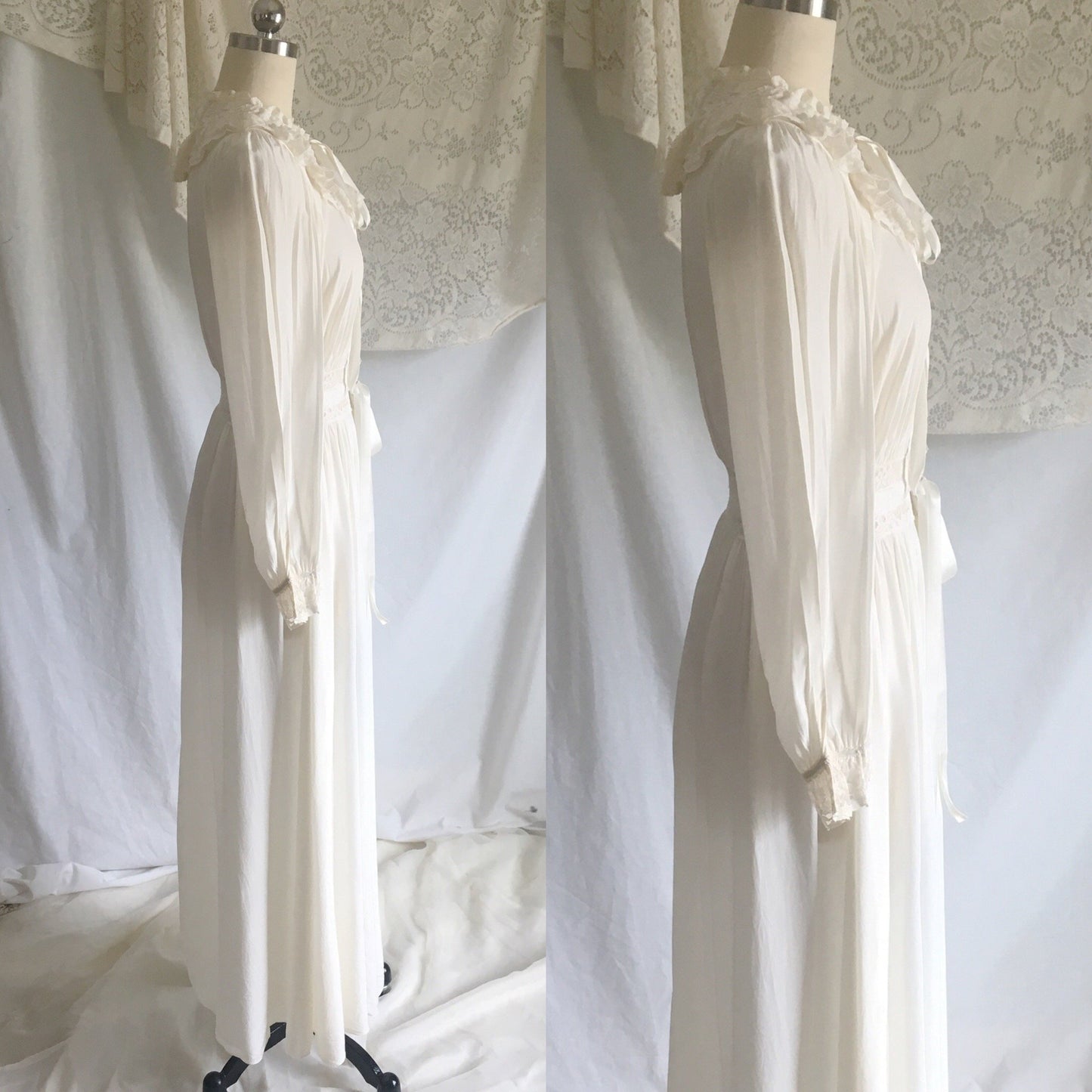 Vintage 1940's Dressing Gown Robe | White Rayon with Lace & Ruffles | Radcliffe Lingerie | Size XS, S - Daggers & Dames