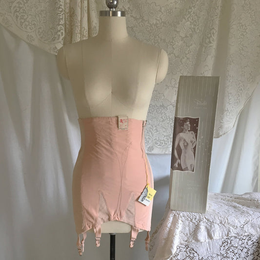 Vintage 1940's Girdle | Antique Rose Pink Rayon & Cotton with Tulip Embroidery| Life by Formfit-New in Box | Size S, M - Daggers & Dames