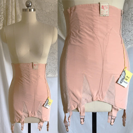 Vintage 1940's Girdle | Antique Rose Pink Rayon & Cotton with Tulip Embroidery| Life by Formfit-New in Box | Size S, M - Daggers & Dames