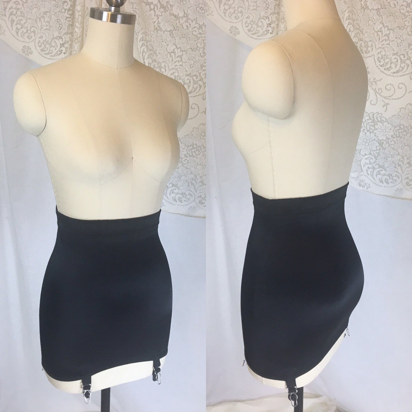 Vintage 1940's Girdle | Black Acetate Satin with Bones & Velvet Lined Garters | Lovlee | Size XS, SM - Daggers & Dames