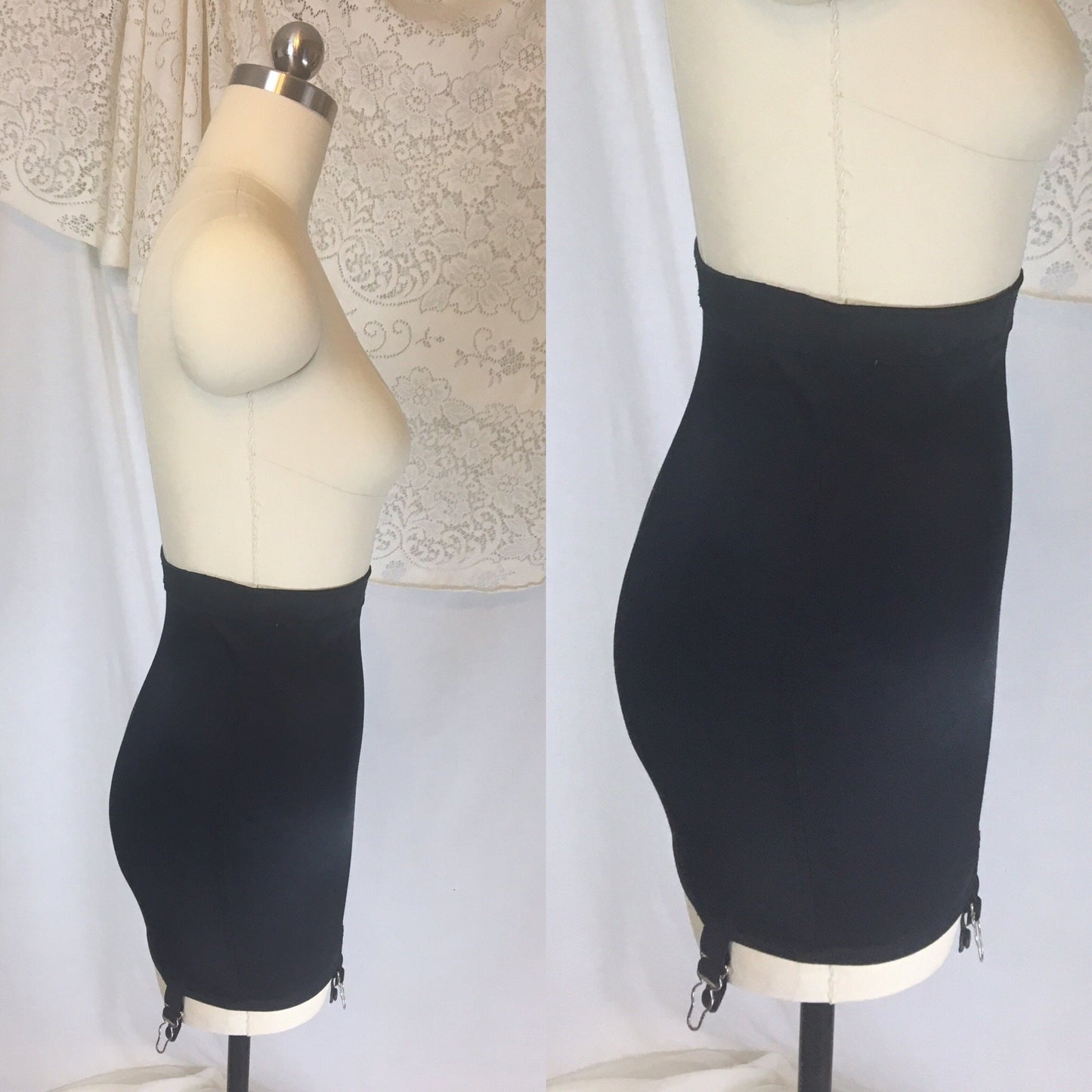 Vintage 1940's Girdle | Black Acetate Satin with Bones & Velvet Lined Garters | Lovlee | Size XS, SM - Daggers & Dames