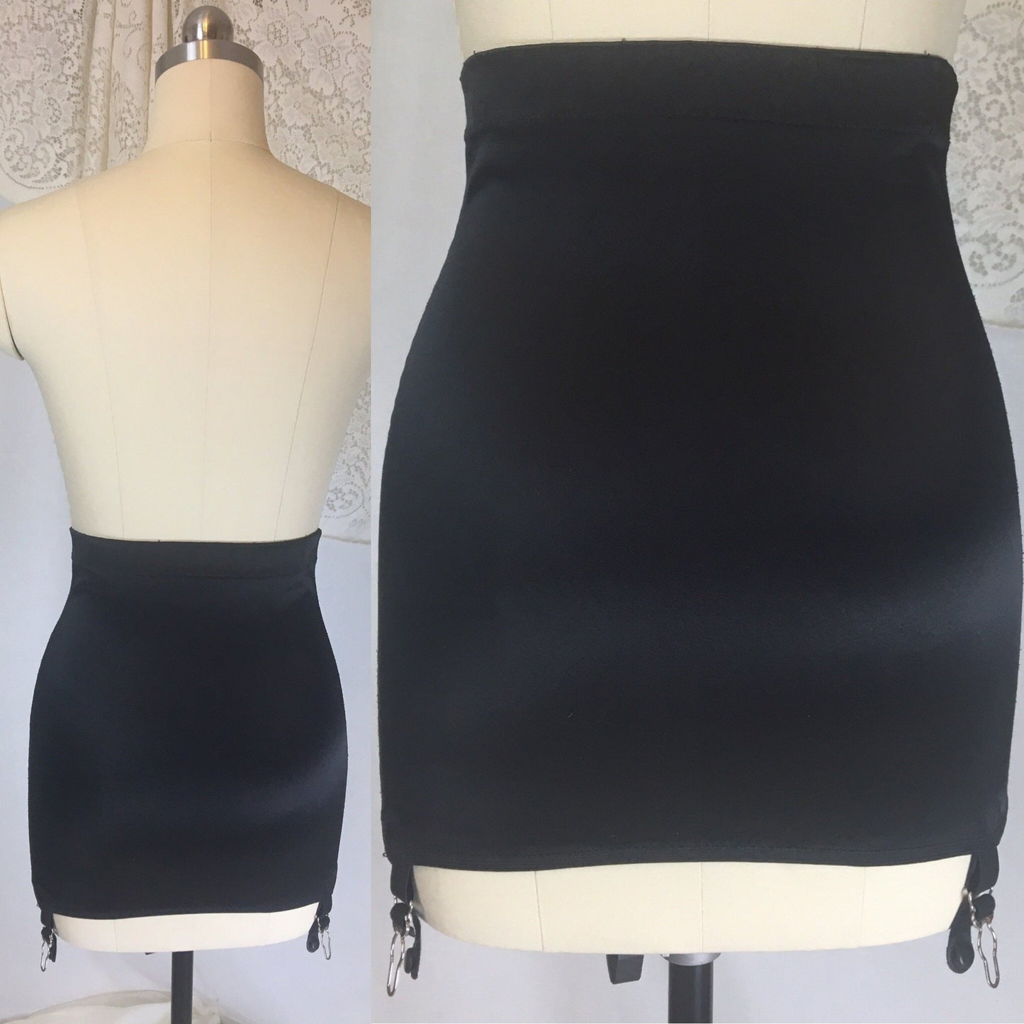 Vintage 1940's Girdle | Black Acetate Satin with Bones & Velvet Lined Garters | Lovlee | Size XS, SM - Daggers & Dames