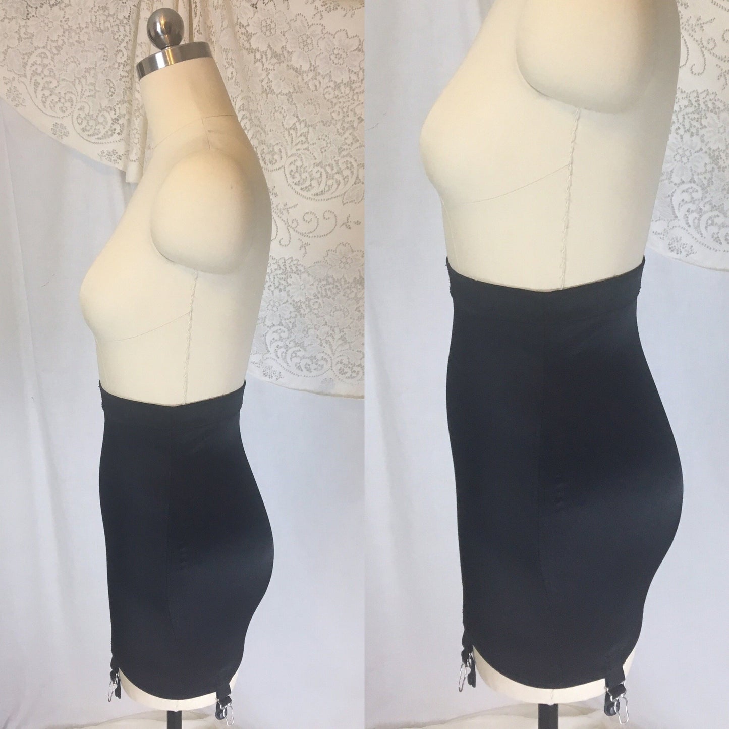 Vintage 1940's Girdle | Black Acetate Satin with Bones & Velvet Lined Garters | Lovlee | Size XS, SM - Daggers & Dames