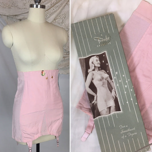 Vintage 1940's Girdle | Bubblegum Pink Rayon & Cotton with Tulip Embroidery | Formfit, New in Box | Size 30, MED, LG - Daggers & Dames