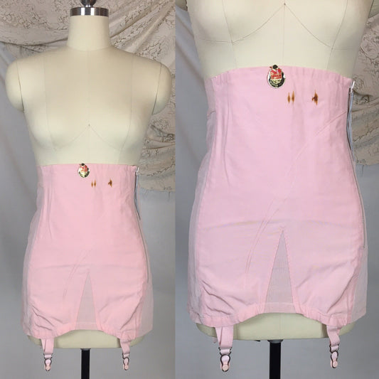 Vintage 1940's Girdle | Bubblegum Pink Rayon & Cotton with Tulip Embroidery | Formfit, New in Box | Size 30, MED, LG - Daggers & Dames