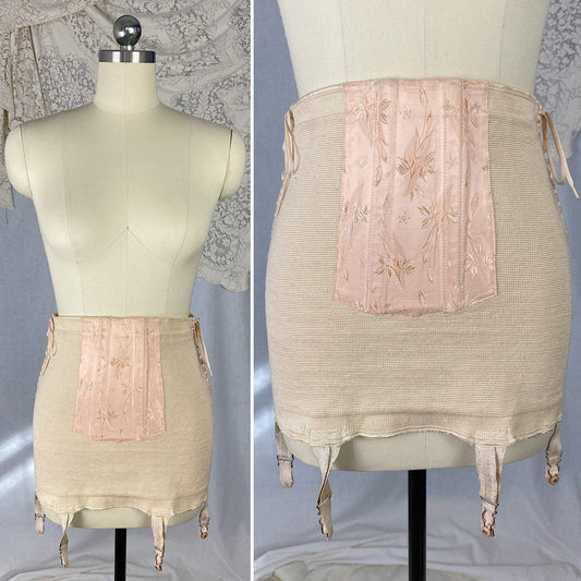 Vintage 1940's Girdle | Creamy Nude Knit with Pink Satin Damask & Side Corset Lacing | Size S, M | Vanity - Daggers & Dames