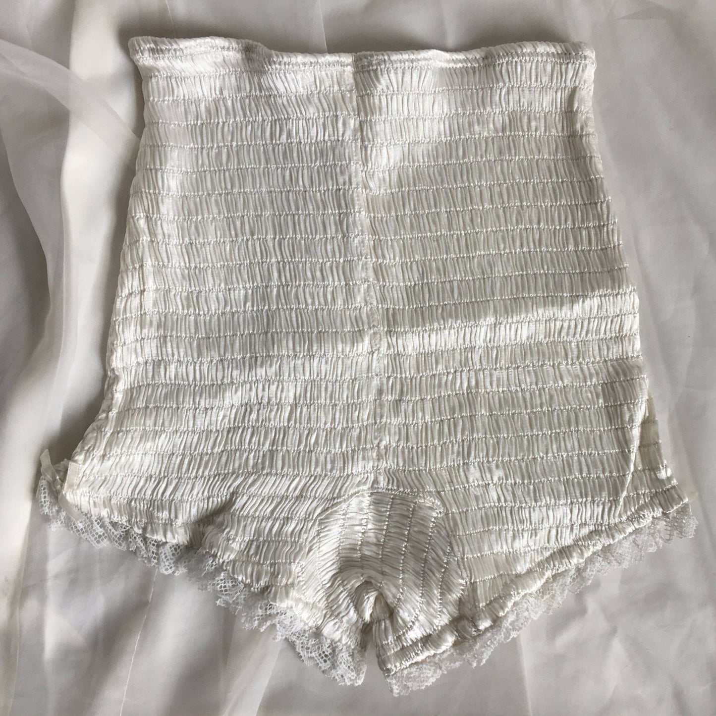 Vintage 1940's Girdle Panties | Ruched White Rayon Satin with Cotton Lace & Bows | Mabs Bitsies | Size XXS, XS - Daggers & Dames