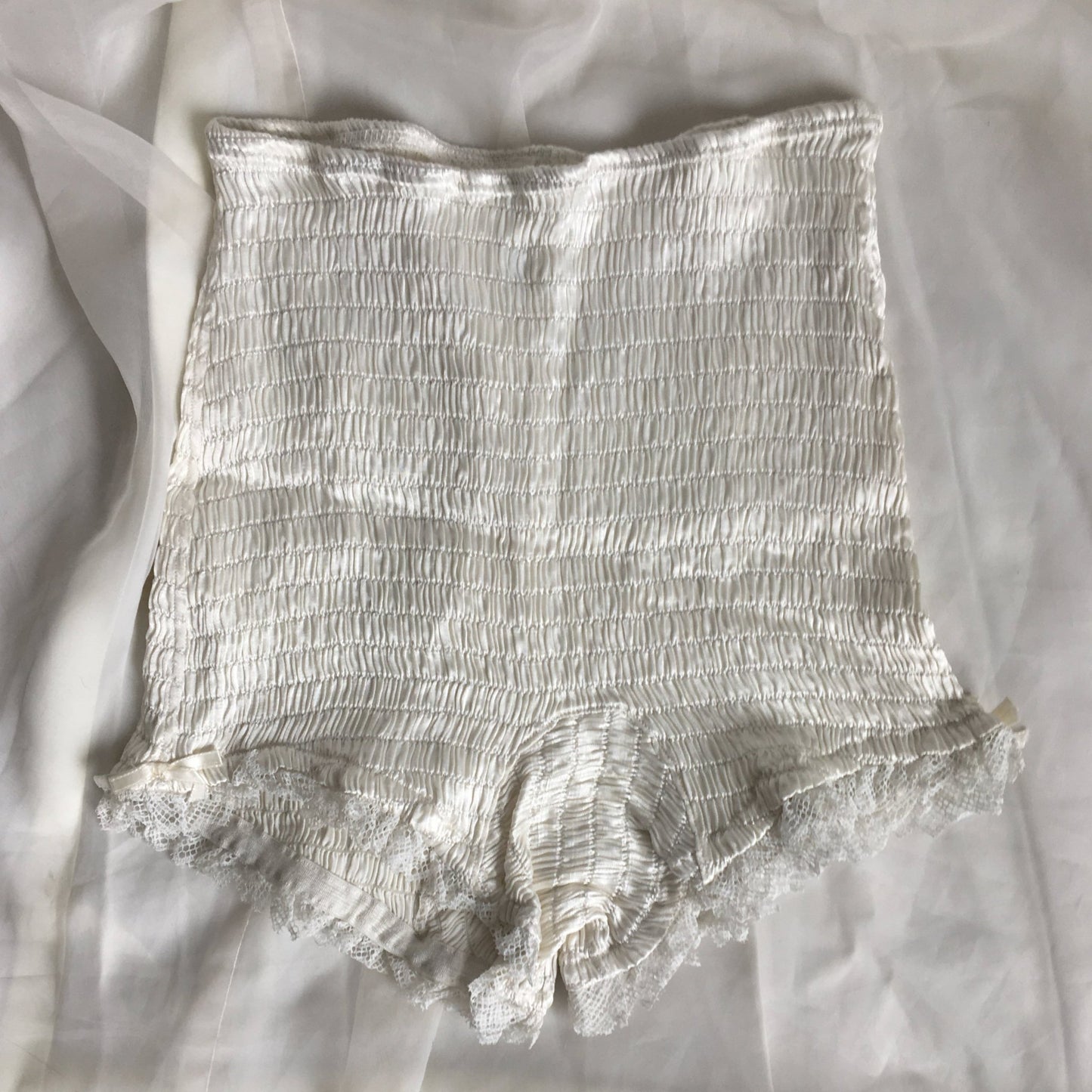 Vintage 1940's Girdle Panties | Ruched White Rayon Satin with Cotton Lace & Bows | Mabs Bitsies | Size XXS, XS - Daggers & Dames