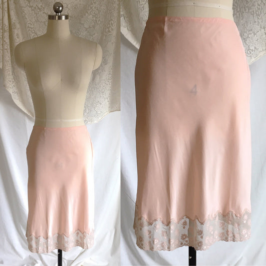 Vintage 1940's Half Slip | Pale Pink Rayon Satin with Embroidered Chiffon Hem | Fray Pruf | Size SM, M - Daggers & Dames