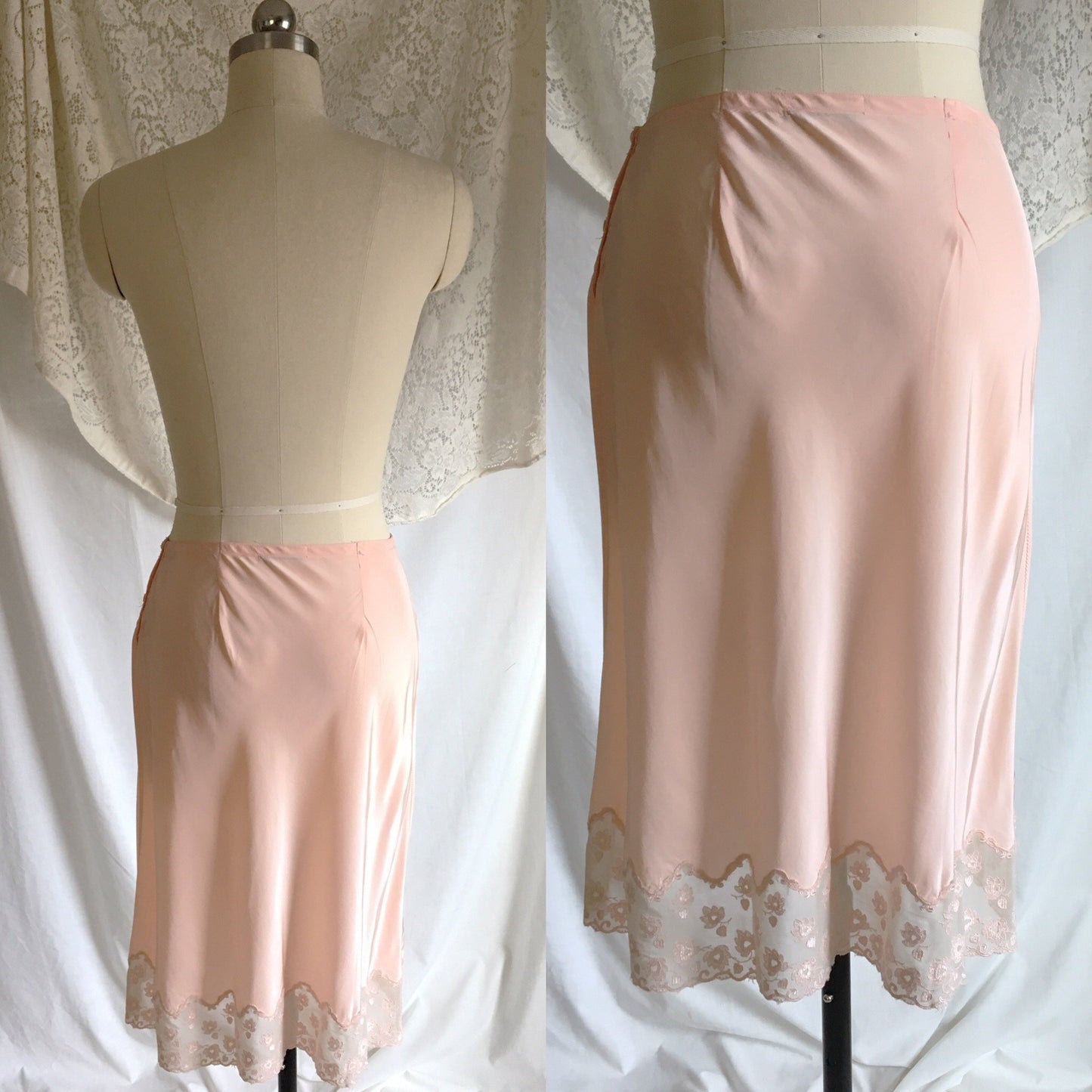 Vintage 1940's Half Slip | Pale Pink Rayon Satin with Embroidered Chiffon Hem | Fray Pruf | Size SM, M - Daggers & Dames