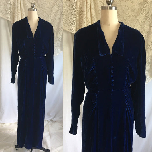 Vintage 1940's Hostess Dress | Cobalt Blue Silk Velvet with Faux Buttons | Size S, M - Daggers & Dames