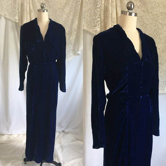 Vintage 1940's Hostess Dress | Cobalt Blue Silk Velvet with Faux Buttons | Size S, M - Daggers & Dames