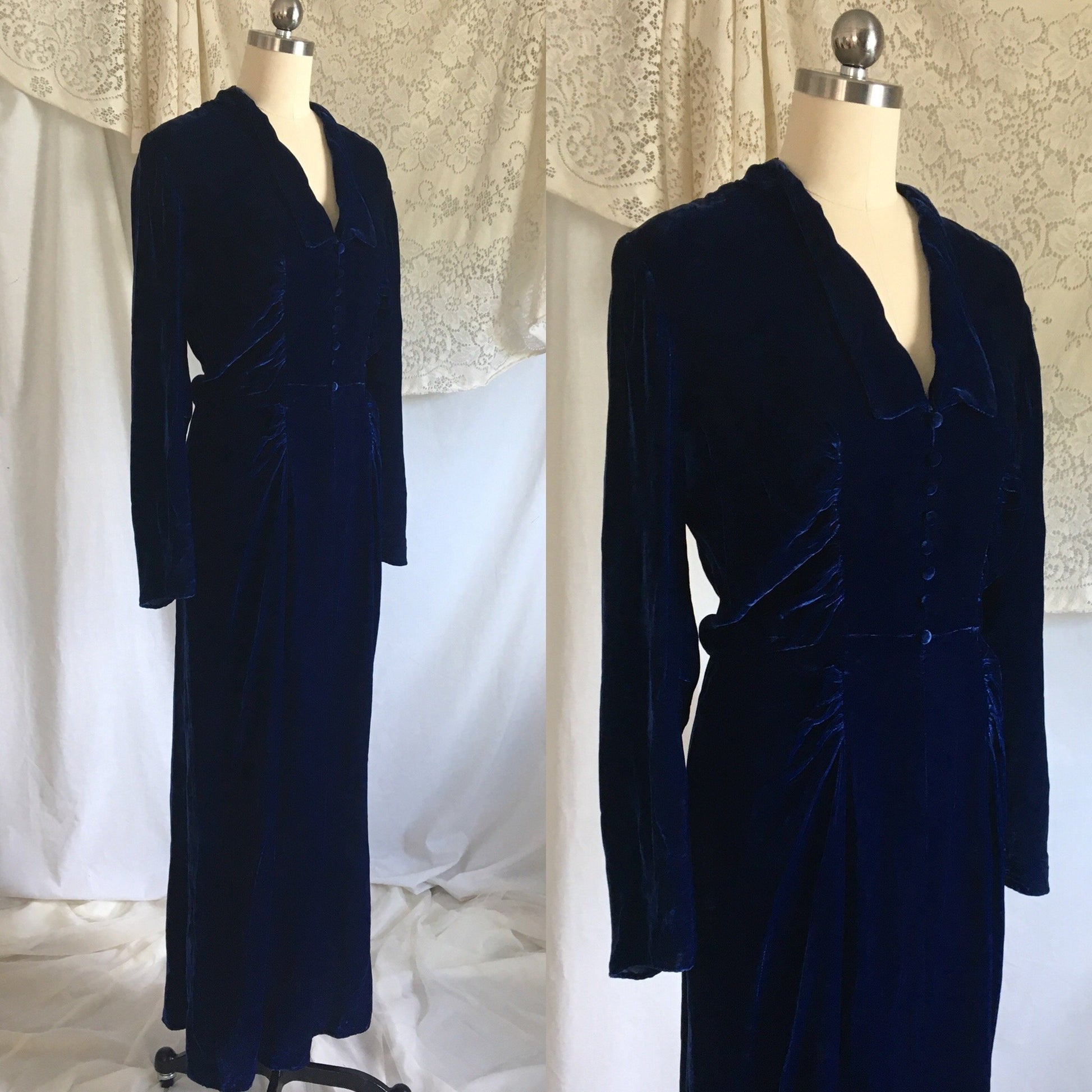 Vintage 1940's Hostess Dress | Cobalt Blue Silk Velvet with Faux Buttons | Size S, M - Daggers & Dames