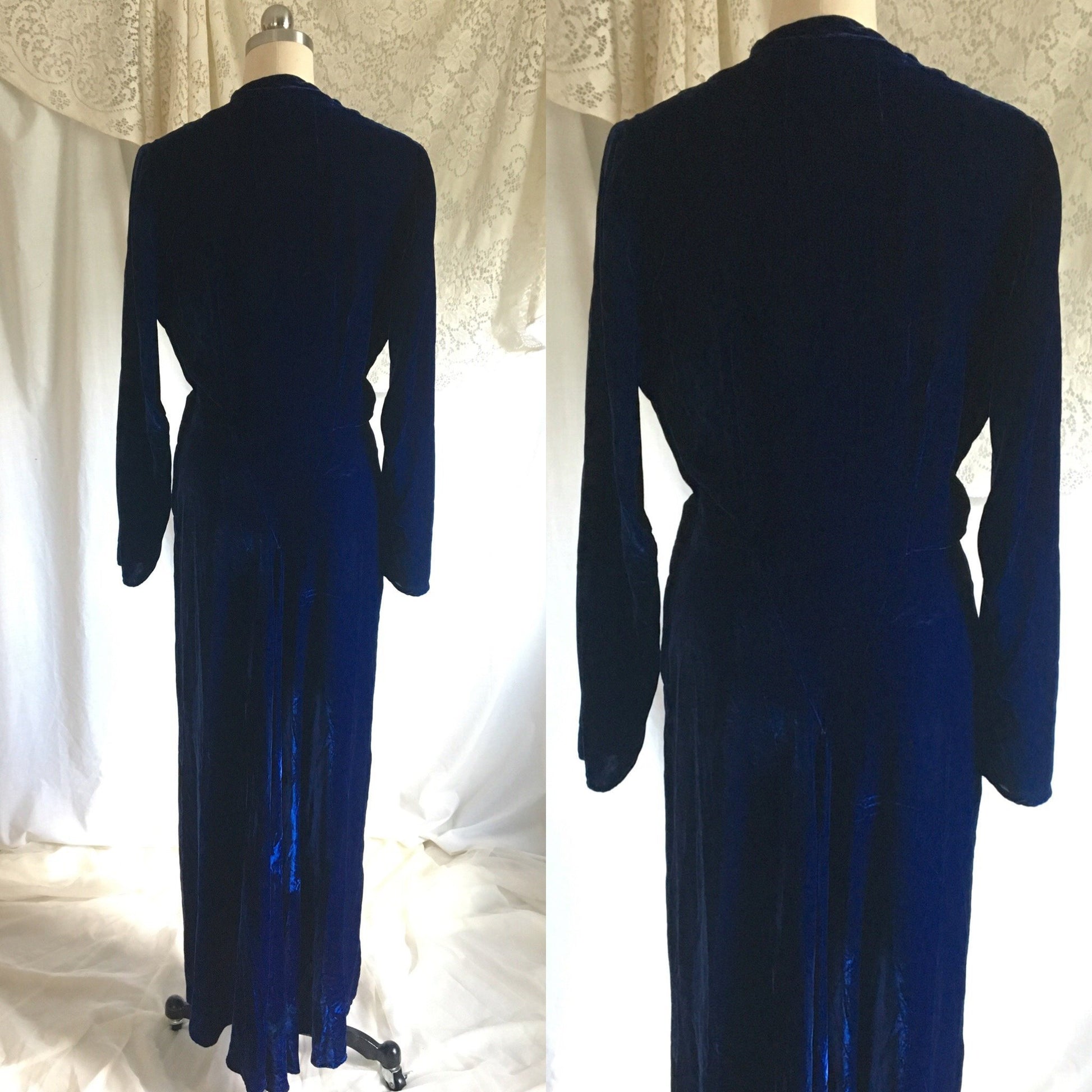 Vintage 1940's Hostess Dress | Cobalt Blue Silk Velvet with Faux Buttons | Size S, M - Daggers & Dames