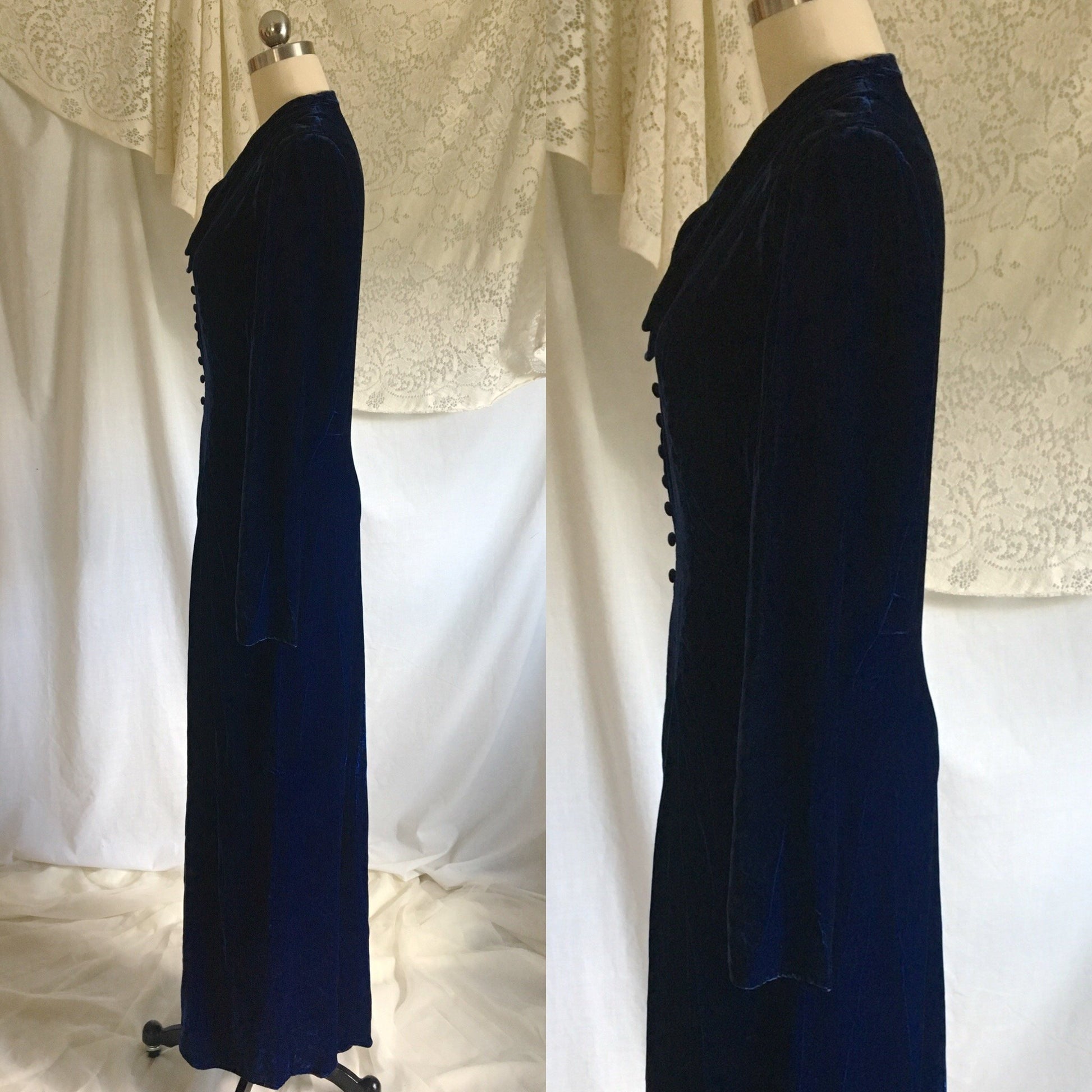Vintage 1940's Hostess Dress | Cobalt Blue Silk Velvet with Faux Buttons | Size S, M - Daggers & Dames