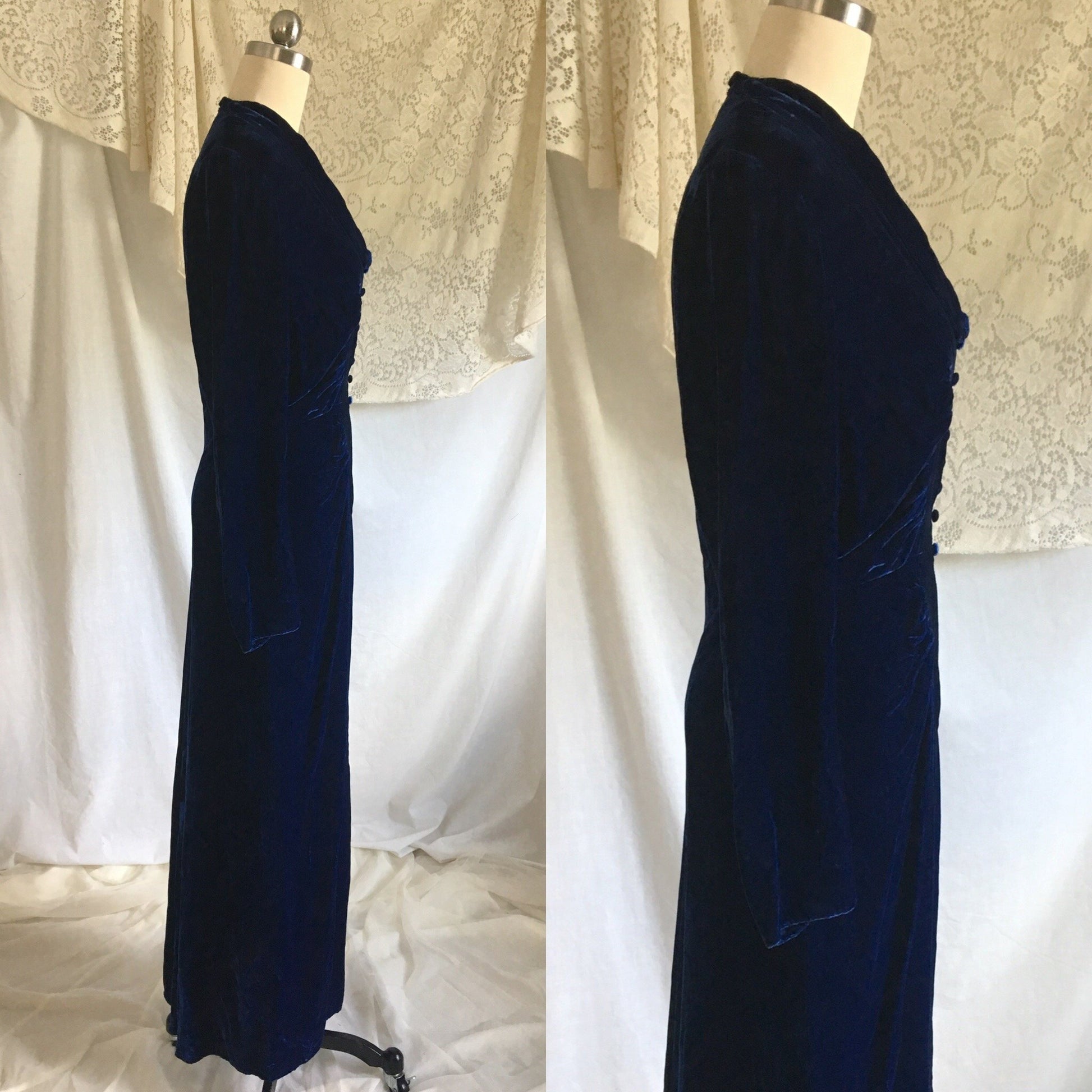 Vintage 1940's Hostess Dress | Cobalt Blue Silk Velvet with Faux Buttons | Size S, M - Daggers & Dames