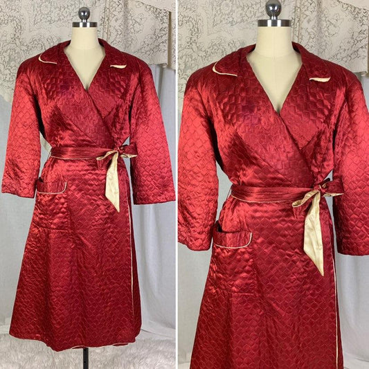 Vintage 1940's House Coat Robe | Size LG, XLG | Rich Wine Red Quilted Rayon Satin with Champagne Satin Lining | RBG Robes - Daggers & Dames