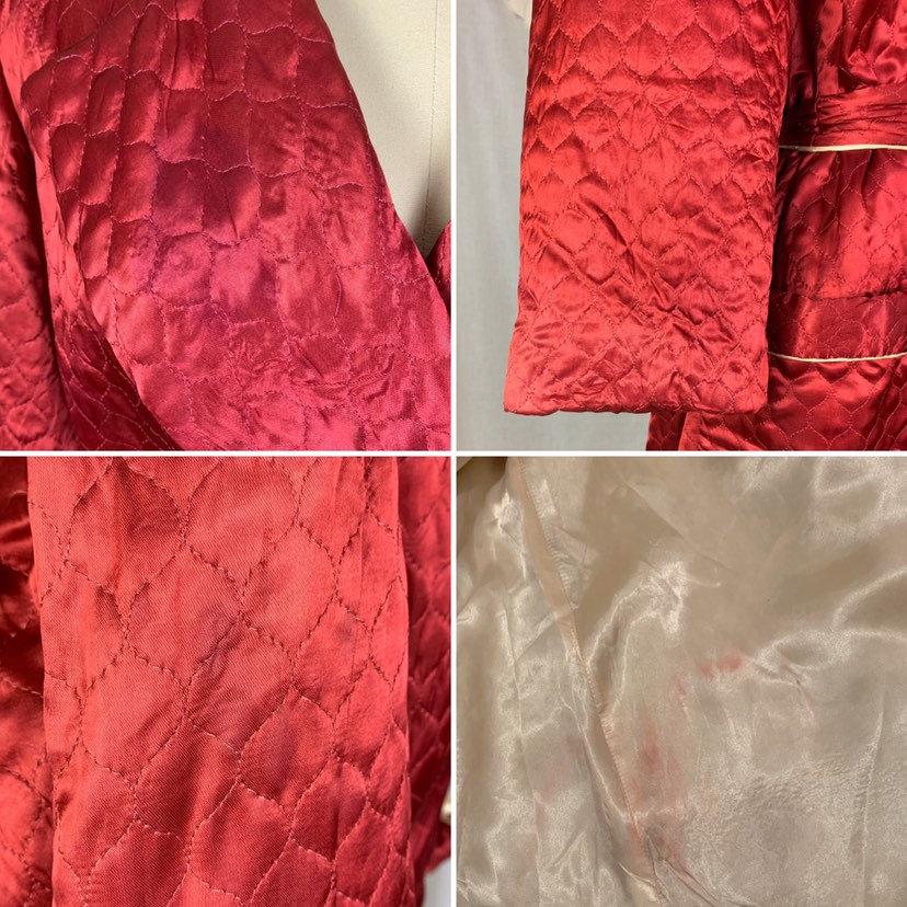 Vintage 1940's House Coat Robe | Size LG, XLG | Rich Wine Red Quilted Rayon Satin with Champagne Satin Lining | RBG Robes - Daggers & Dames