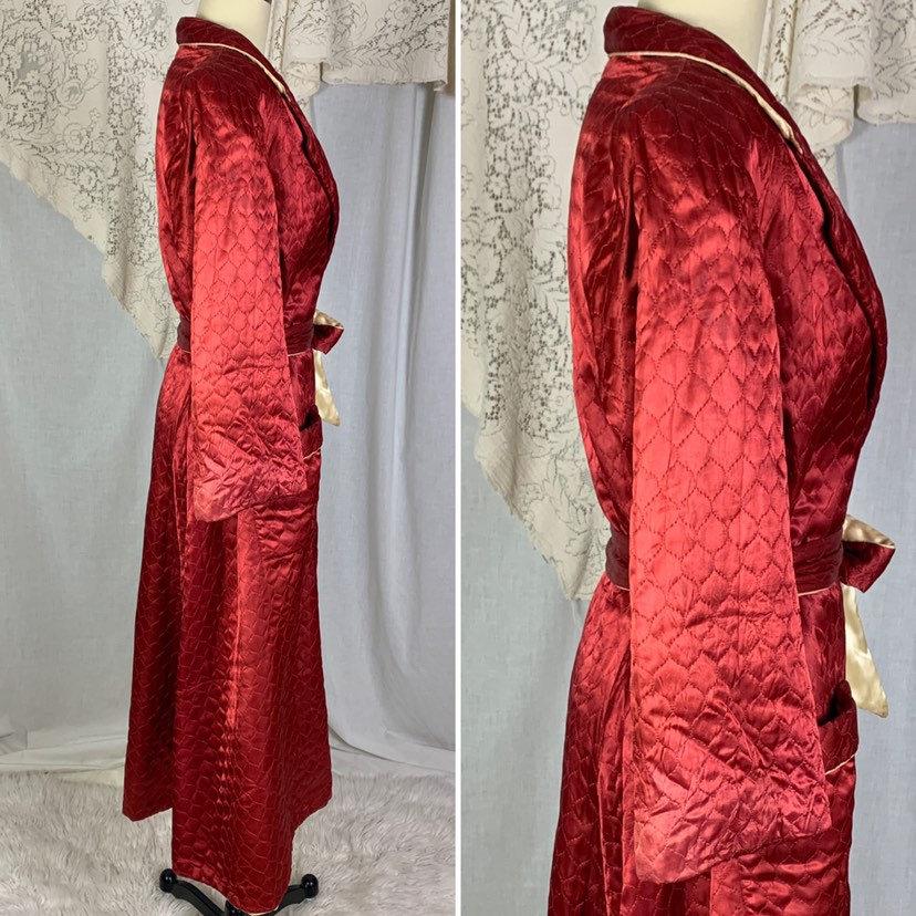 Vintage 1940's House Coat Robe | Size LG, XLG | Rich Wine Red Quilted Rayon Satin with Champagne Satin Lining | RBG Robes - Daggers & Dames