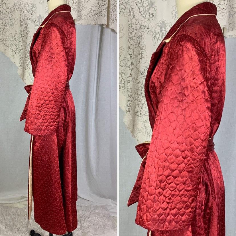 Vintage 1940's House Coat Robe | Size LG, XLG | Rich Wine Red Quilted Rayon Satin with Champagne Satin Lining | RBG Robes - Daggers & Dames