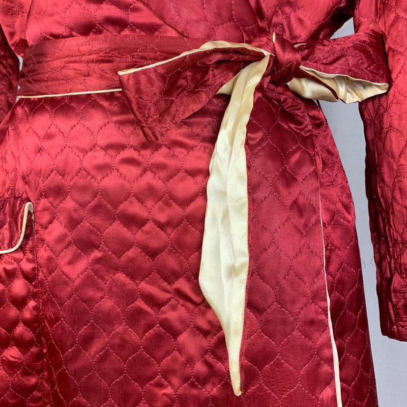 Vintage 1940's House Coat Robe | Size LG, XLG | Rich Wine Red Quilted Rayon Satin with Champagne Satin Lining | RBG Robes - Daggers & Dames