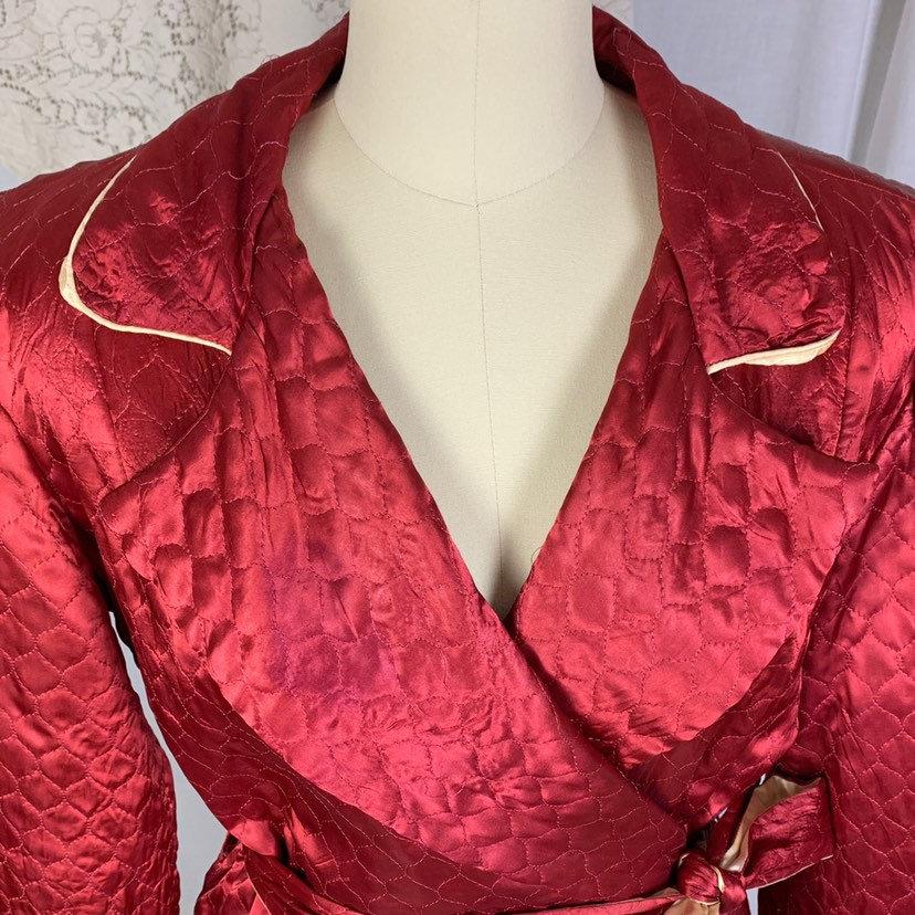 Vintage 1940's House Coat Robe | Size LG, XLG | Rich Wine Red Quilted Rayon Satin with Champagne Satin Lining | RBG Robes - Daggers & Dames