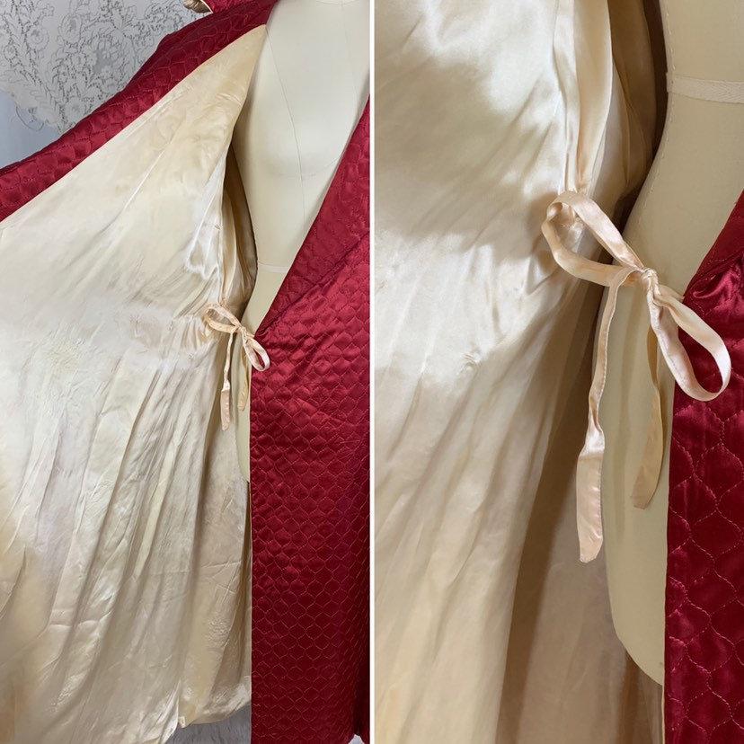 Vintage 1940's House Coat Robe | Size LG, XLG | Rich Wine Red Quilted Rayon Satin with Champagne Satin Lining | RBG Robes - Daggers & Dames