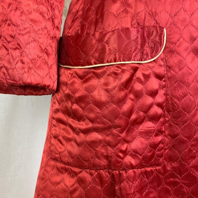Vintage 1940's House Coat Robe | Size LG, XLG | Rich Wine Red Quilted Rayon Satin with Champagne Satin Lining | RBG Robes - Daggers & Dames