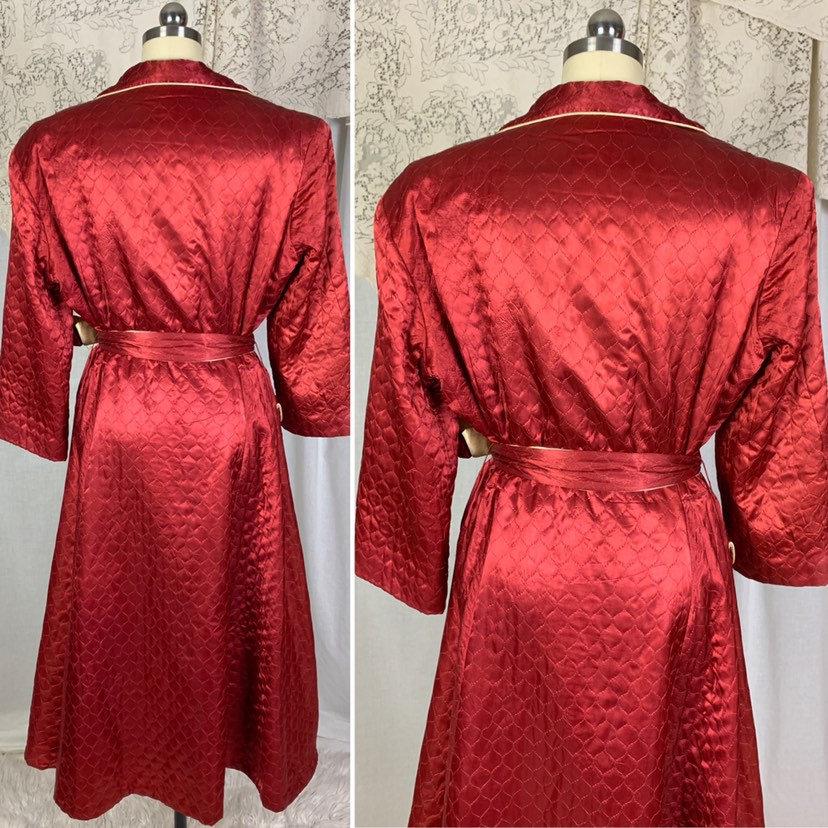 Vintage 1940's House Coat Robe | Size LG, XLG | Rich Wine Red Quilted Rayon Satin with Champagne Satin Lining | RBG Robes - Daggers & Dames