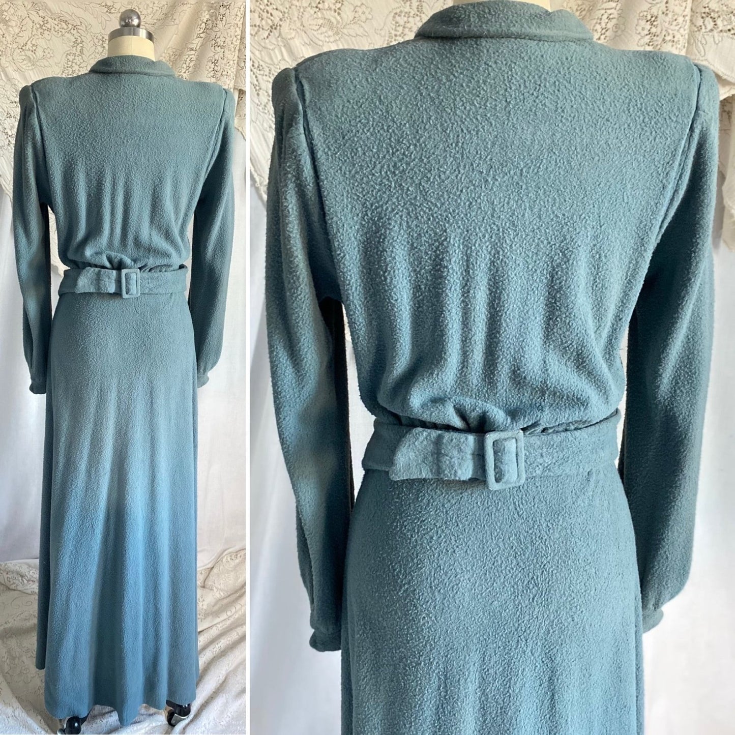 Vintage 1940’s House Dress | Dusty Blue Woolen Fleece with Embroidery | Size M, LG | Gassser, Lugano - Daggers & Dames