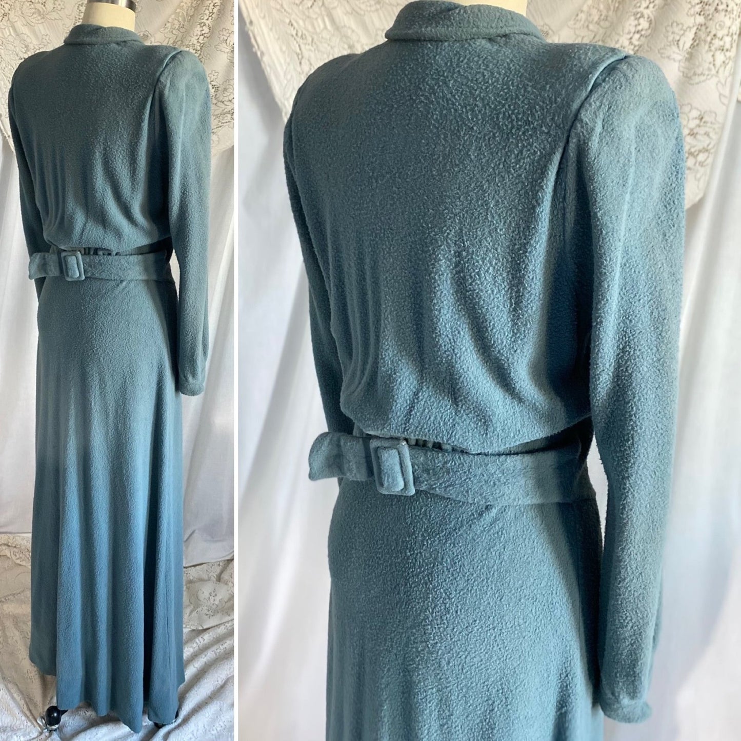 Vintage 1940’s House Dress | Dusty Blue Woolen Fleece with Embroidery | Size M, LG | Gassser, Lugano - Daggers & Dames