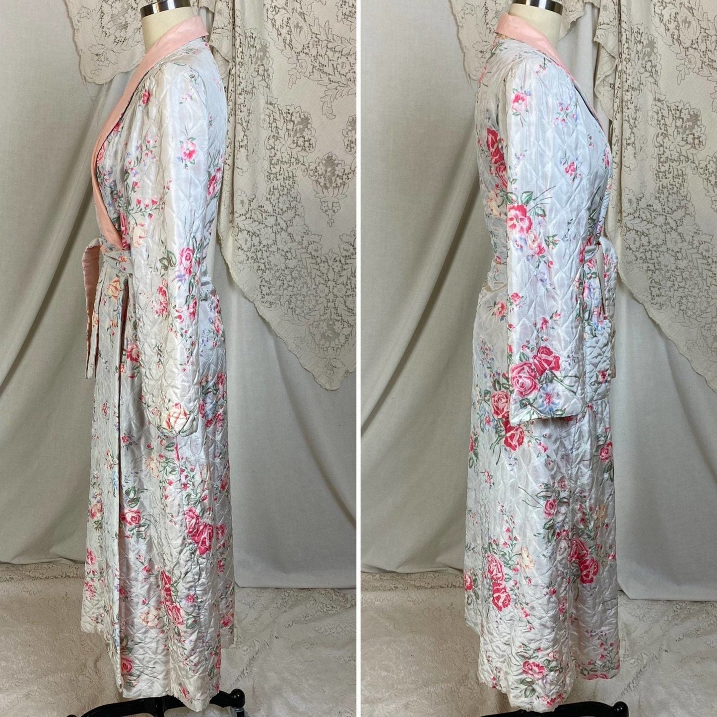 Vintage 1940's Housecoat Robe | White Rayon Taffeta with Floral Print & Powder Pink Lining | Size XS, S - Daggers & Dames