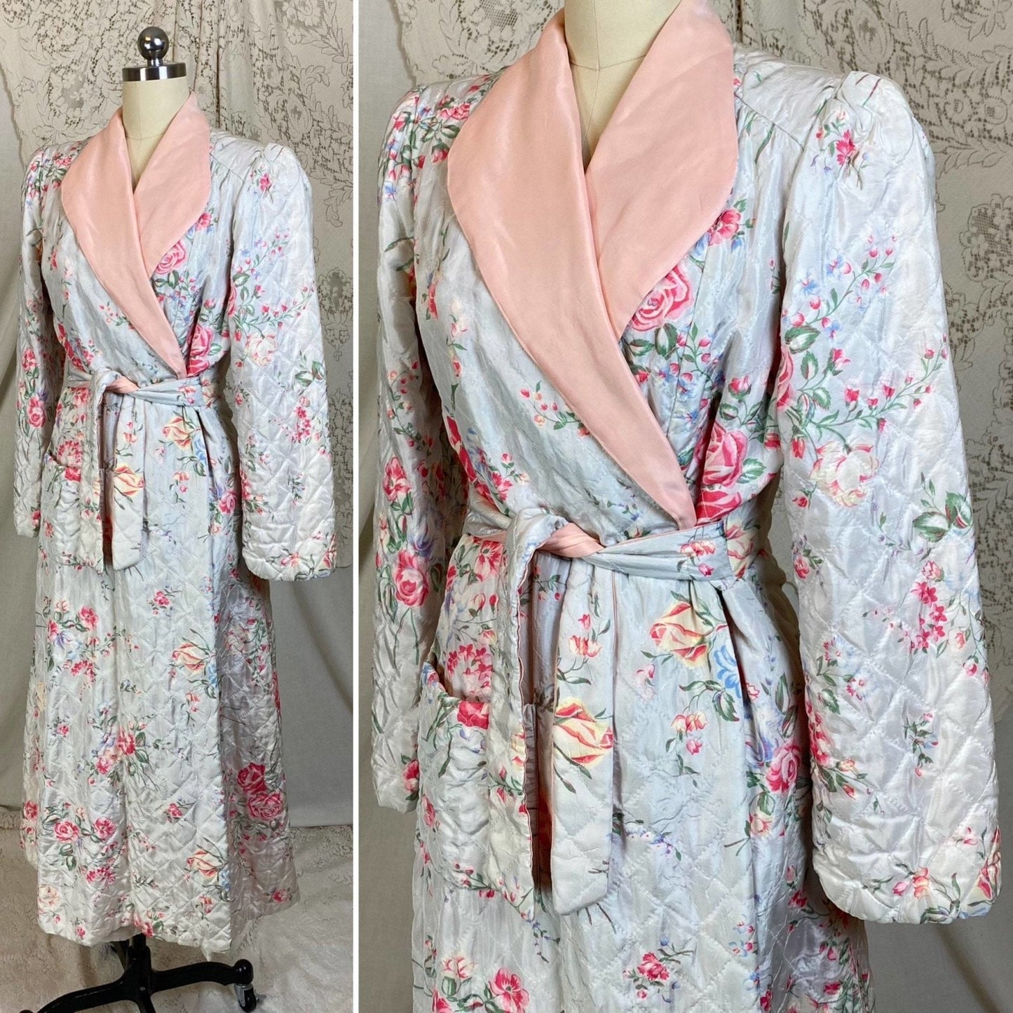 Vintage 1940's Housecoat Robe | White Rayon Taffeta with Floral Print & Powder Pink Lining | Size XS, S - Daggers & Dames