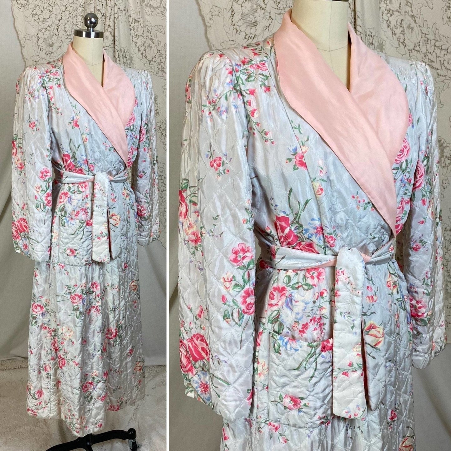 Vintage 1940's Housecoat Robe | White Rayon Taffeta with Floral Print & Powder Pink Lining | Size XS, S - Daggers & Dames