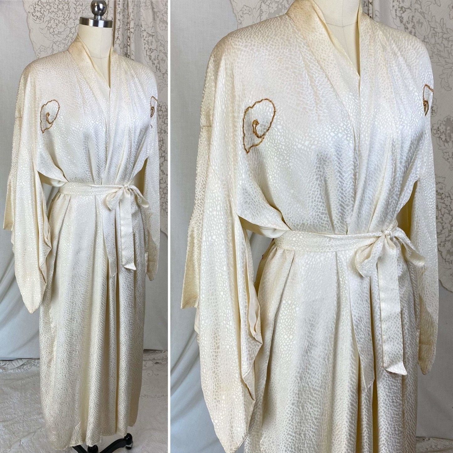 Vintage 1940's Japanese Kimono Robe | Hand Stitched Buttercream Rayon Satin Damask with Golden Dragon Embroidery | Size Free - Daggers & Dames