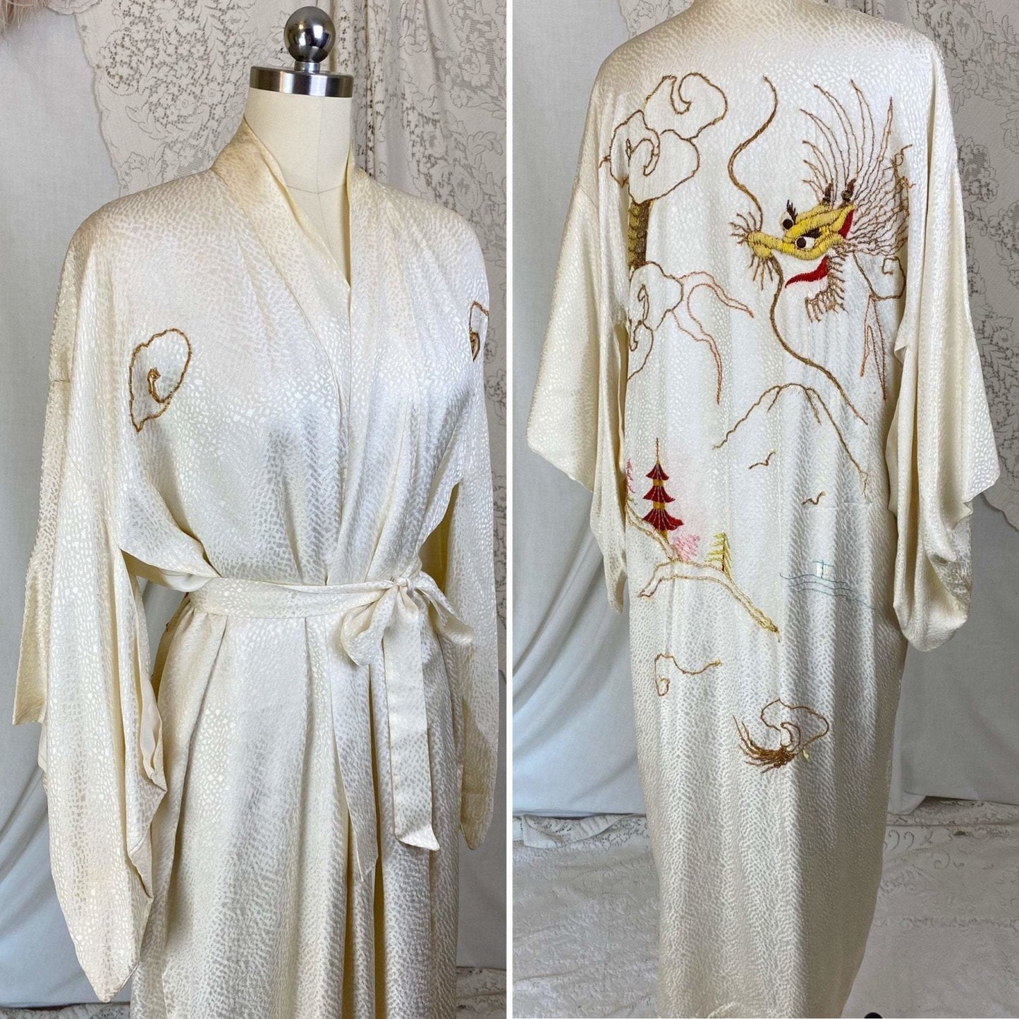 Vintage 1940's Japanese Kimono Robe | Hand Stitched Buttercream Rayon Satin Damask with Golden Dragon Embroidery | Size Free - Daggers & Dames
