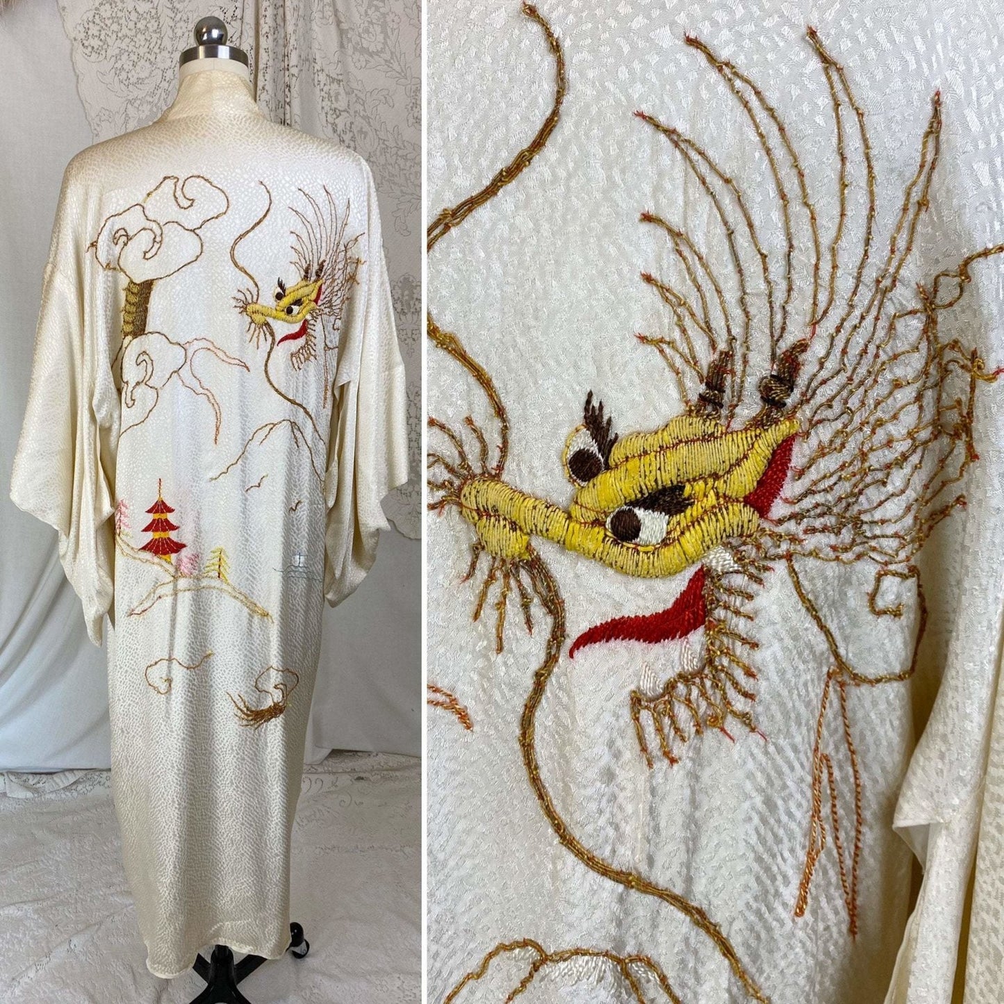 Vintage 1940's Japanese Kimono Robe | Hand Stitched Buttercream Rayon Satin Damask with Golden Dragon Embroidery | Size Free - Daggers & Dames
