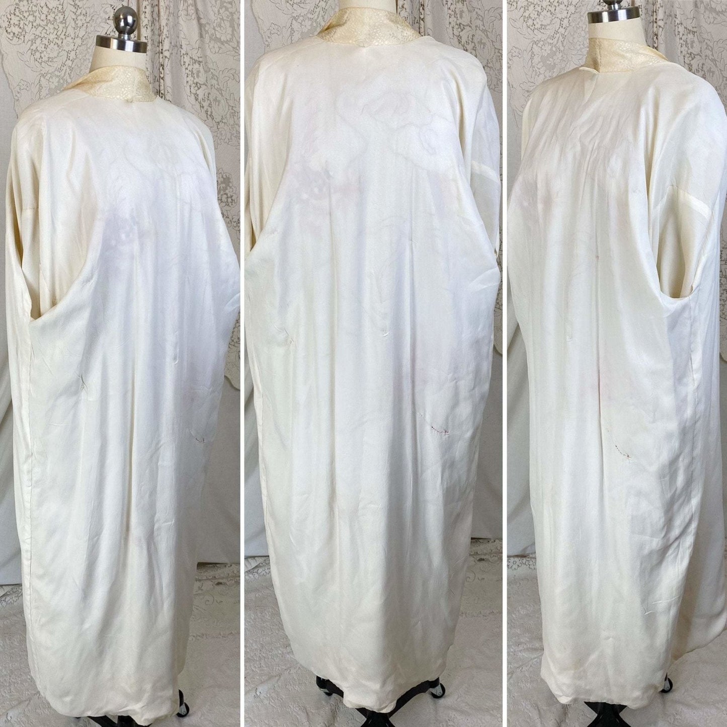 Vintage 1940's Japanese Kimono Robe | Hand Stitched Buttercream Rayon Satin Damask with Golden Dragon Embroidery | Size Free - Daggers & Dames
